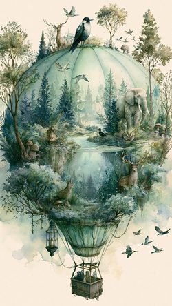 Art Disdisdiscod Hot Air Balloon Mint Gray Woodland Hotairballoon Forest Animal Surreal