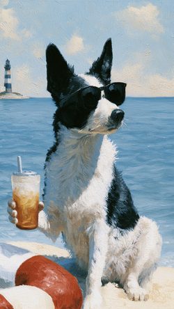 Art Dog Sunglasses Ocean Lighthouse Drink Painting
