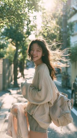 Ppl Asian Girl Photorealistic A Year Old Walking Smile Street Backpack Sunlight